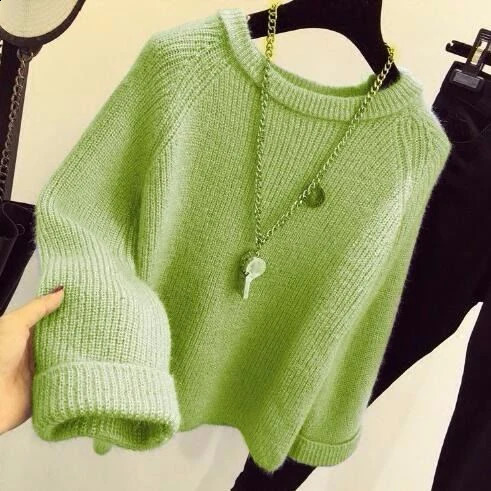 Loose Knitted Round Neck Sweater for Women Simple Fashionable Small Fresh Style Elastic Solid Bottom Pulling Flowers Spring 240812