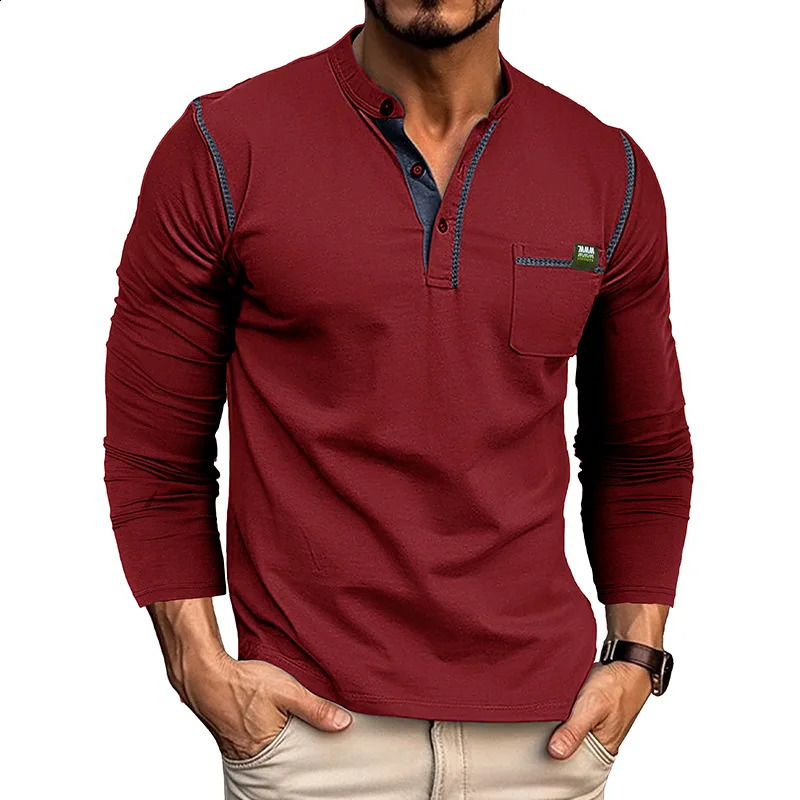 American Trend Fashion Spring Mens T-shirt O-neck Panelled Button Pocket Casual Versatile Patchwork Knitted Long Sleeve Top 240812