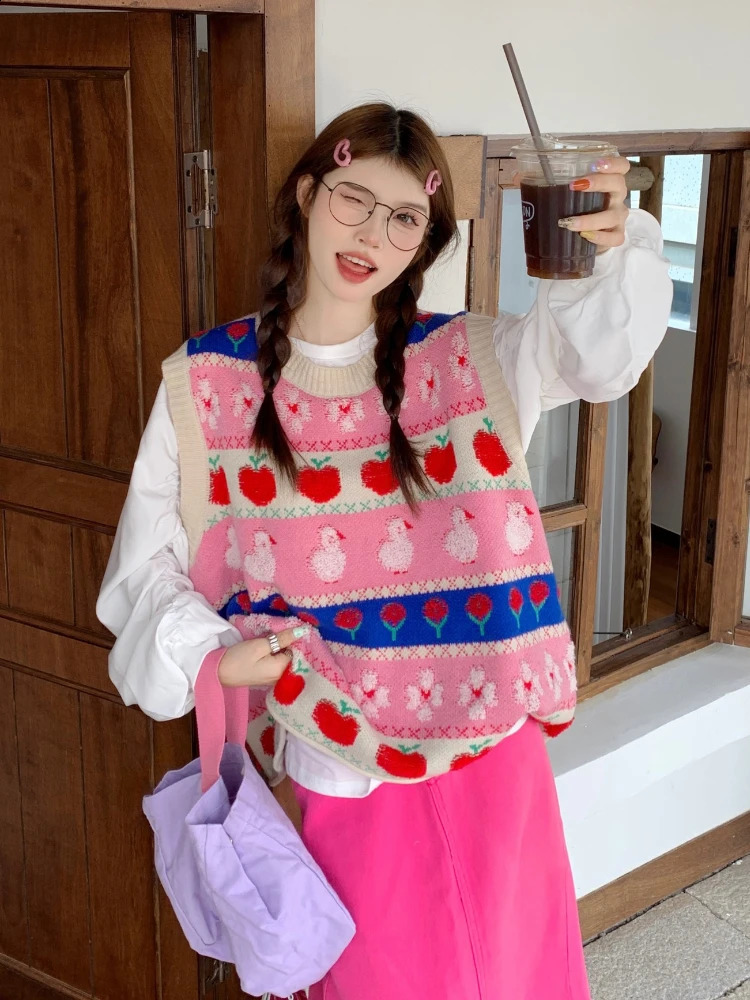 Cartoon Knitted Vest Sweater Women Preppy Style Kawaii O-Neck Contrasting Colors Sleeveless Sweaters Y2K Cute Pullovers 240812