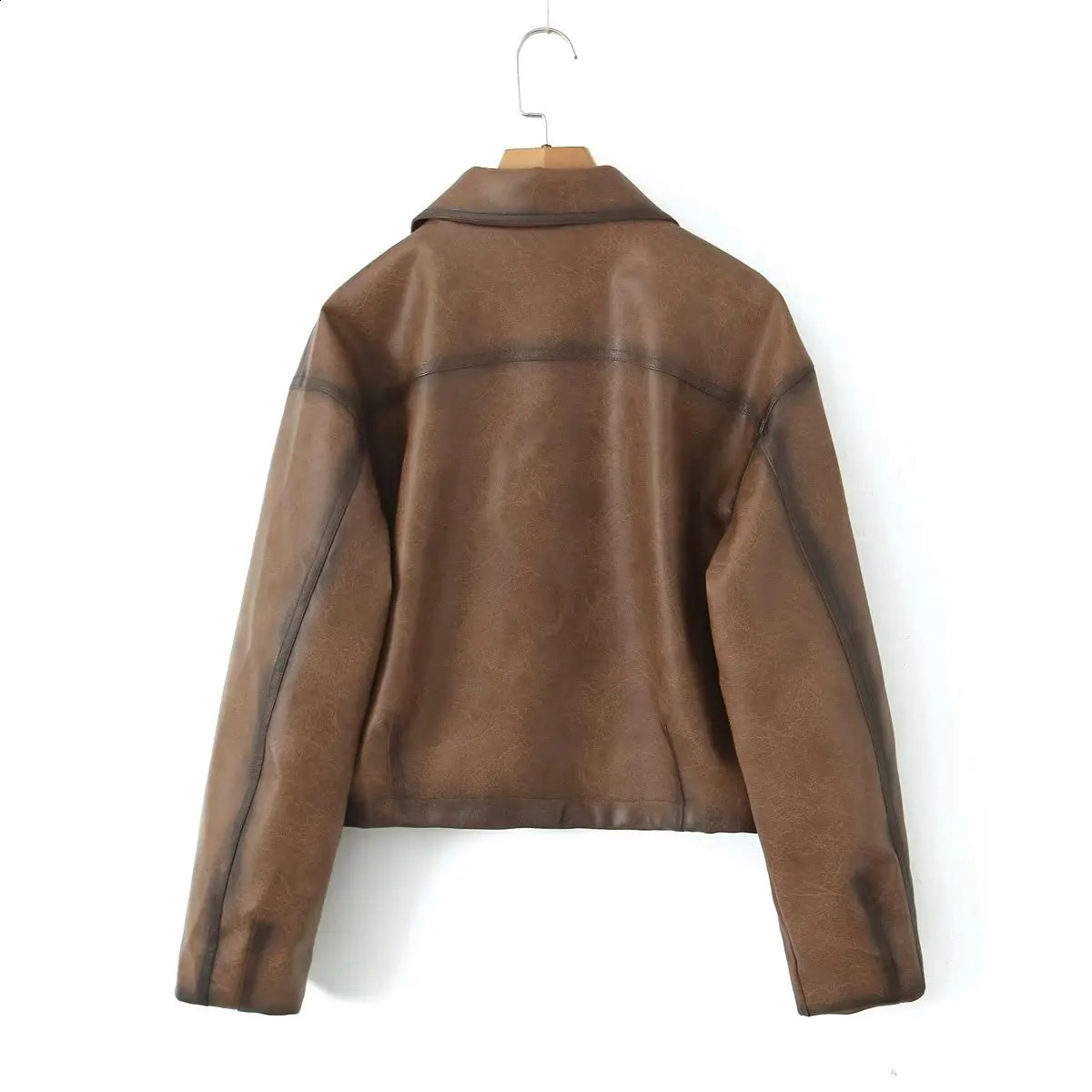 American Retro Women Vintage Gradient Brown PU Leather Jacket Full Sleeve Single-breasted Button Coat Loose Short Outerwear 240813
