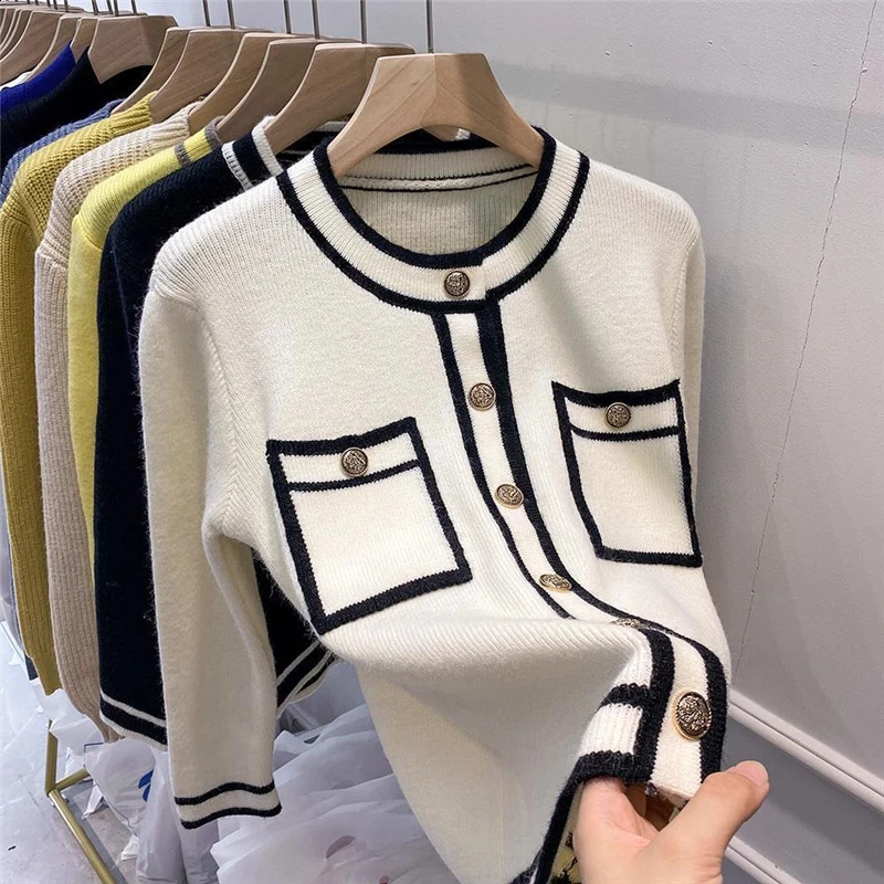 Korean Elegant Chic Contrast Color Long Sleeve Pocket Button Knitted Cardigan for Women Spring Autumn Loose Female Sweater Coats 240813