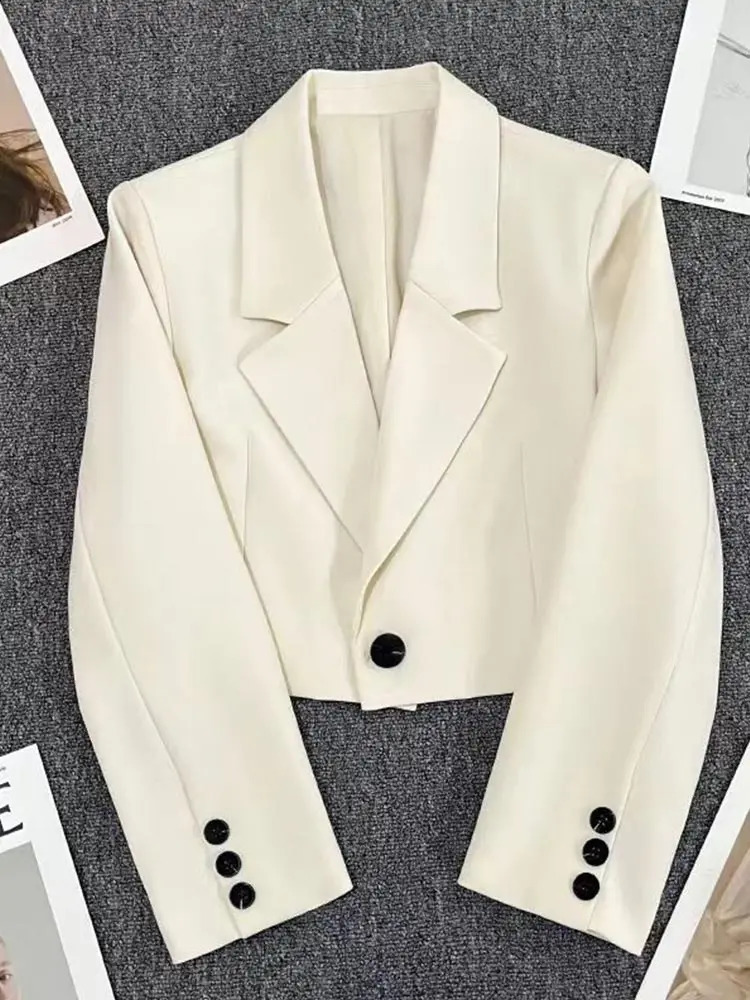 Korean Fashion Cropped Blazers Jacket Women Long Sleeve Office Ladies Streetwear Solid Color Single Button Short Suit Coat Jacke 240813