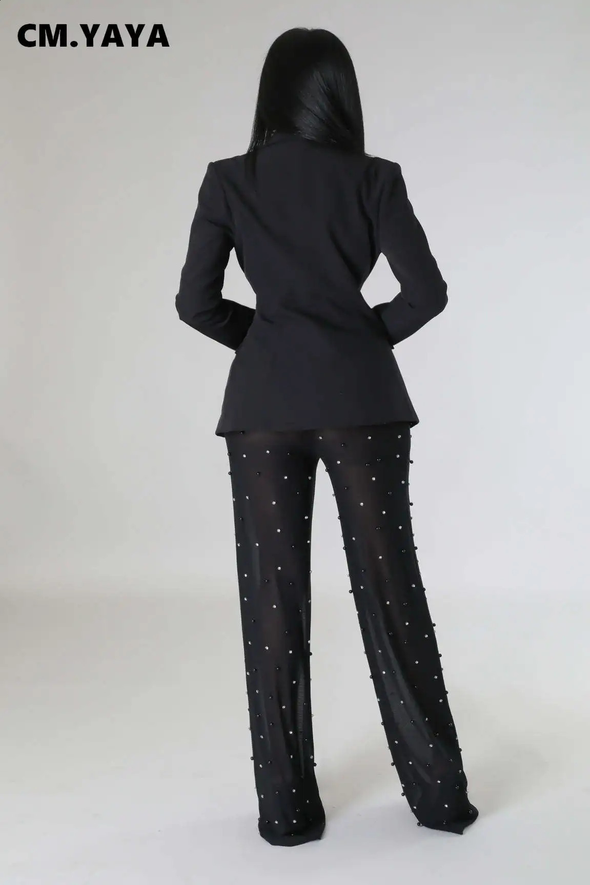 CM YAYA Street Chic Womens Long Sleeve Jacket Set and Mesh Beaded Pants Winter Two Piece Sportswear 240812