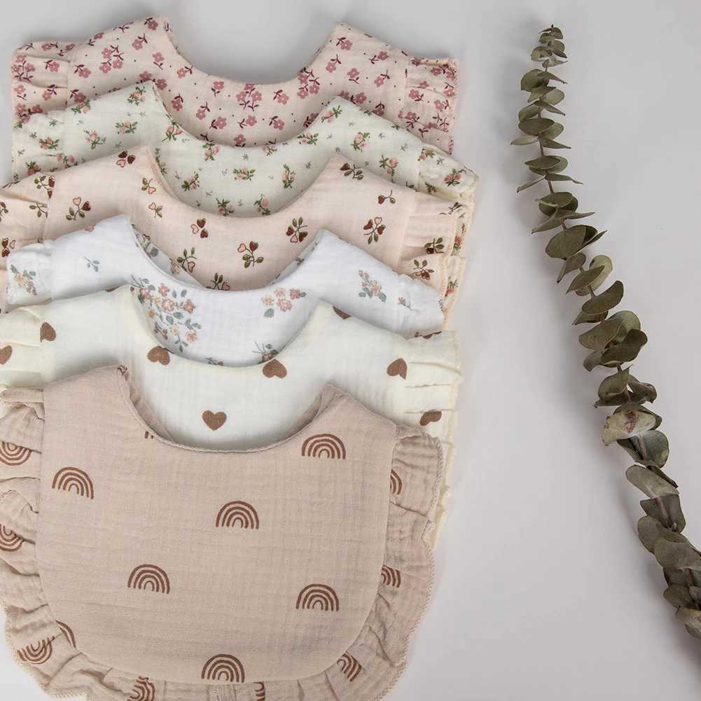 Bibs Burp Cloths Flower Print Baby Bibs Adjustable Snap Saliva Towel Ruffled Edge Muslin Cotton Burp Cloths Rainbow A Grade Girls Feeding ScarfL4812