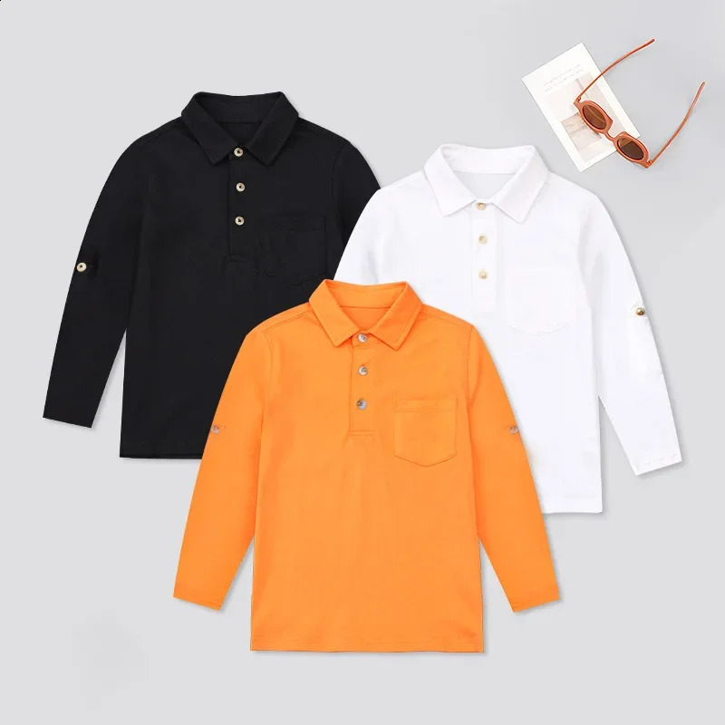 White Long Sleeve Polo Shirt For Boys Girls Lapel n Suitable For Middle Big Kids School Uniform 240810