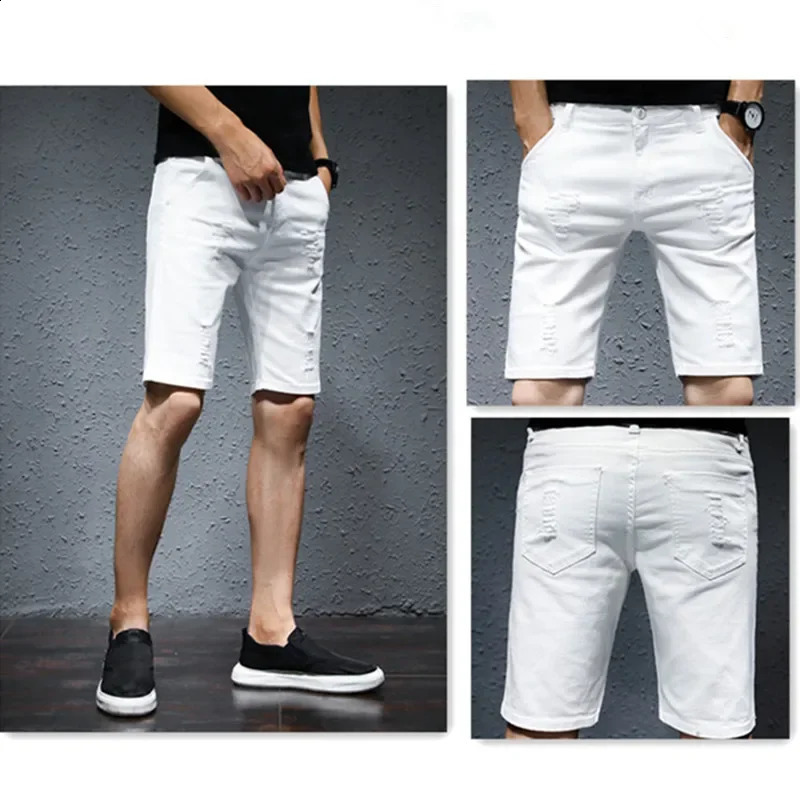 White Ripped Scratched Men Denim Shorts Casual Summer Jeans Elastic Plus Size 36 38 40 42 Black Holes Half Trousers 240812