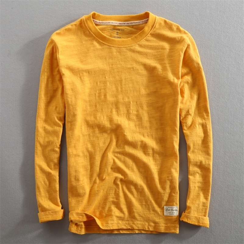 Mens Vintage Solid Bamboo Cotton Long Sleeve T-Shirt Male Tops O-Neck Casual Thin Tees Slub T Shirts 240812