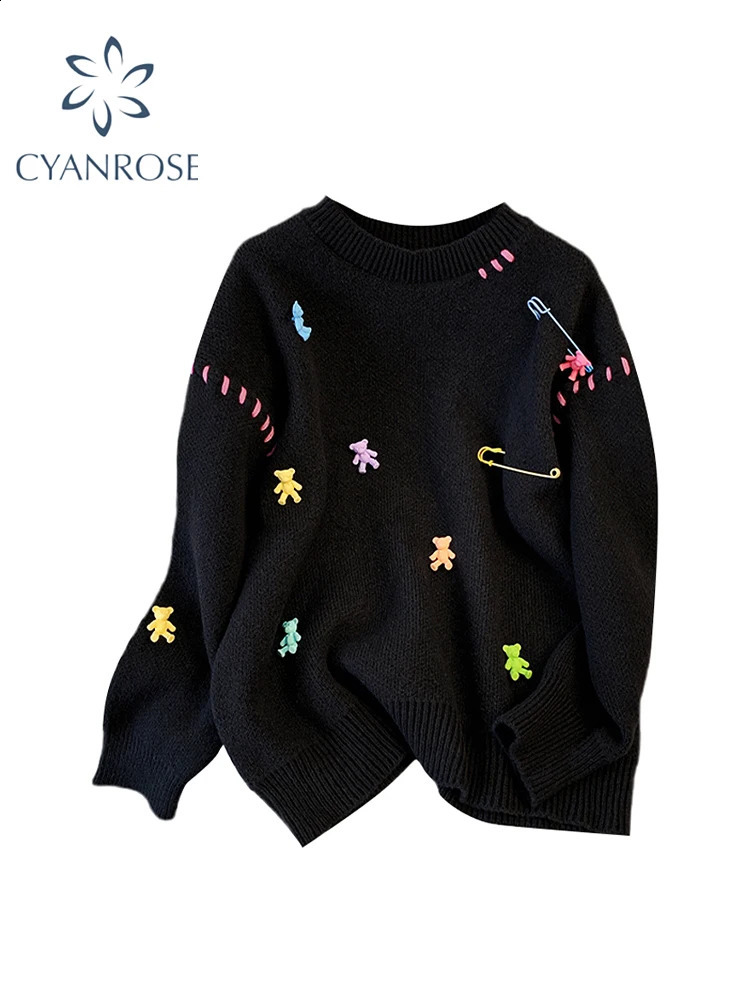 Women Black Gothic Pullover Knitted Sweater Harajuku Korean Y2k Long Sleeves Oversize Jumper Sweaters Vintage 2000s Clothes 240812