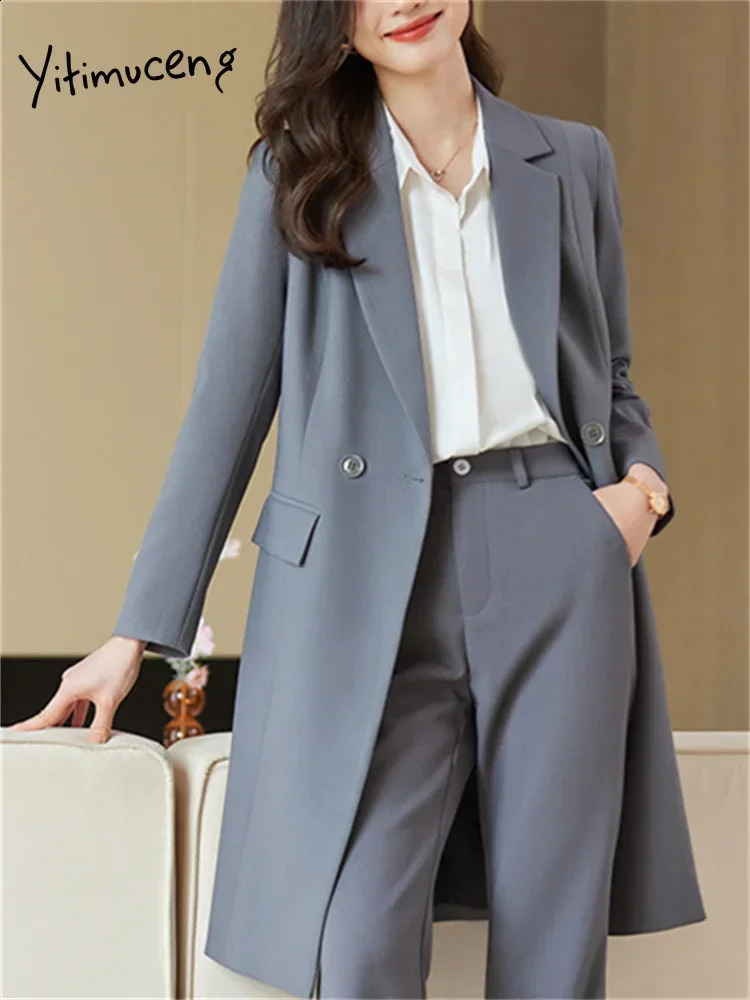 Yitimuceng Solid Two Piece Womens Set Redemption Single Chest Long Coat Office Casual Pants 240812