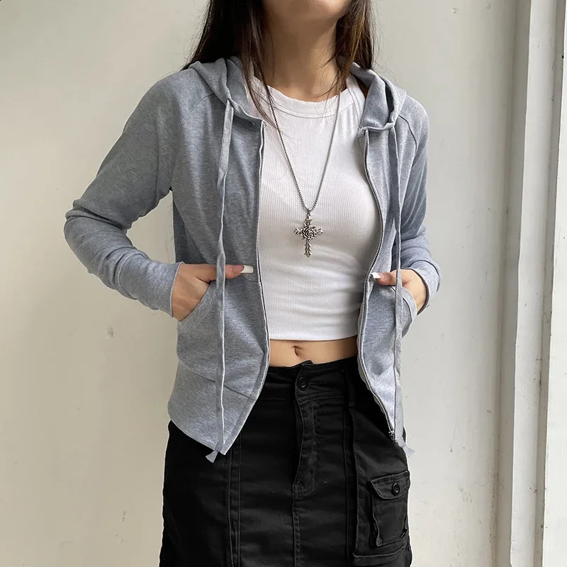 Y2k Aesthetic Vintage Zipper Hooded Hoodies Women Solid Color Long Sleeve Grunge Ribbed Sweatshirt Harajuku Casual Pullovers 240812