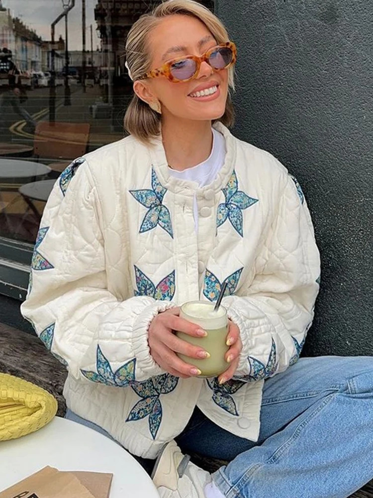 Fashion Star Floral Print Quilted Bomber Jacket For Women Elegant O-neck Long Sleeve Cotton Coat 2024 Autumn Lady Chic Outerwear 240809