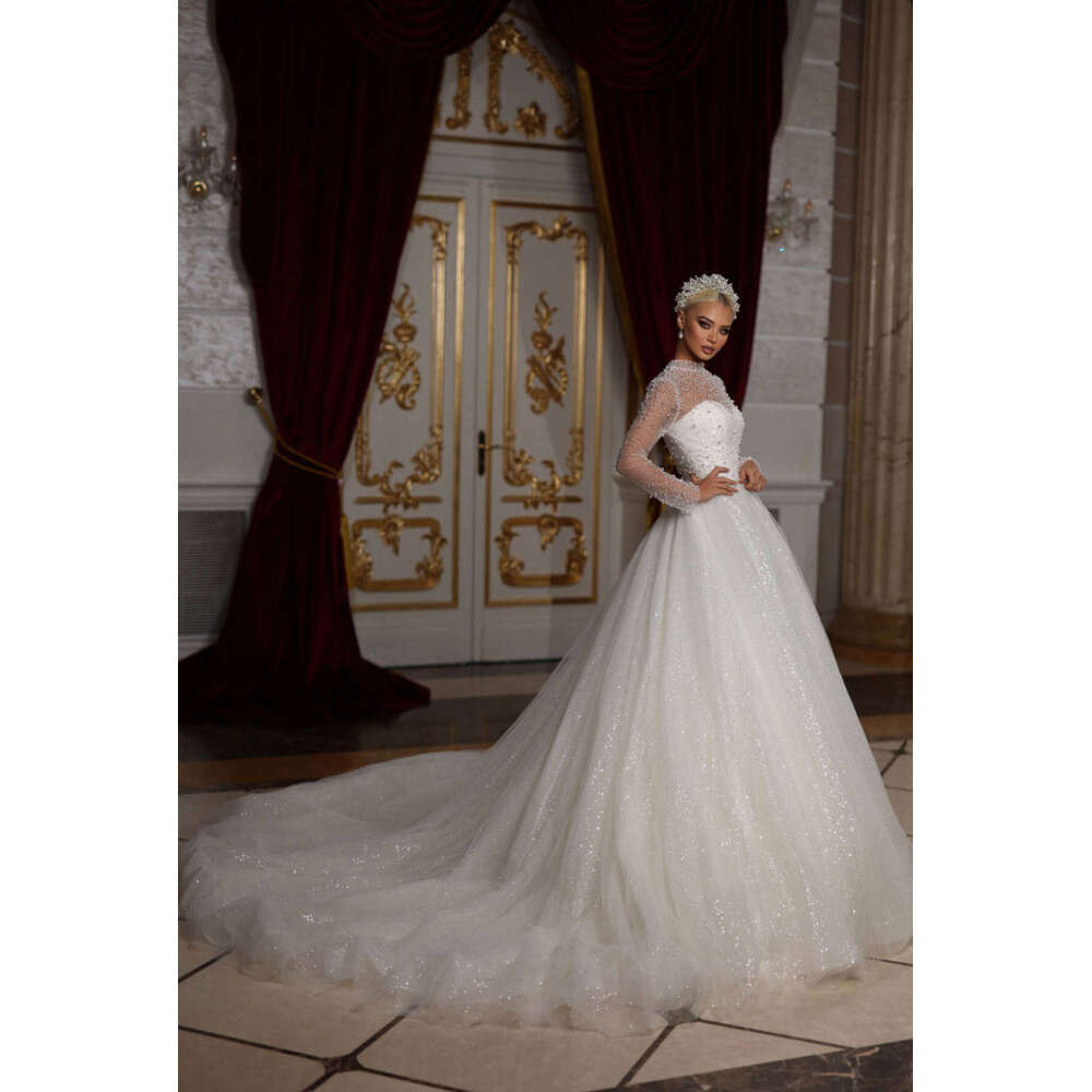 Princess A-Line Gown Wedding Dresses Pearls Sequins Lace High-Neck Bridal Gowns Plus Vestidos De Novia Custom Size Colour