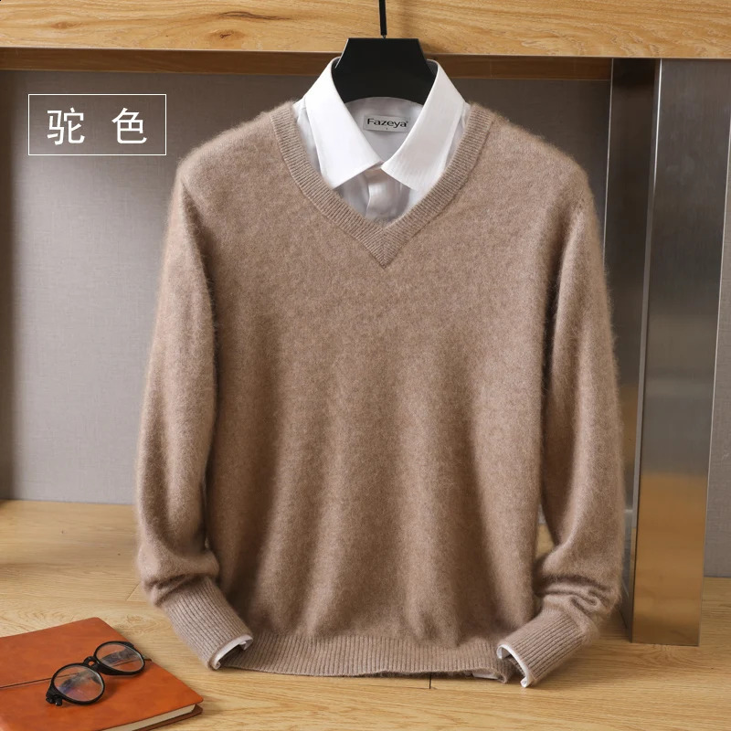 High quality mink wool sweater for autumn and winter mens floral round neck long sleeved bottom knitted cashmere Vneck loose fit 240812