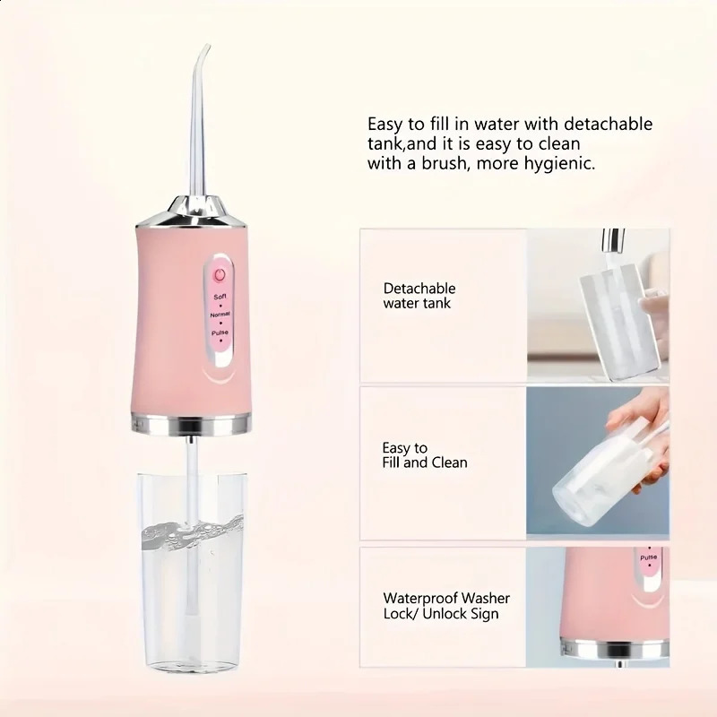 1PC Portable Dental Water Flosser Oral Irrigator USB Rechargeable Water Floss Jet Tooth Pick 4 Tips 220ml Mouth washing machine 240810