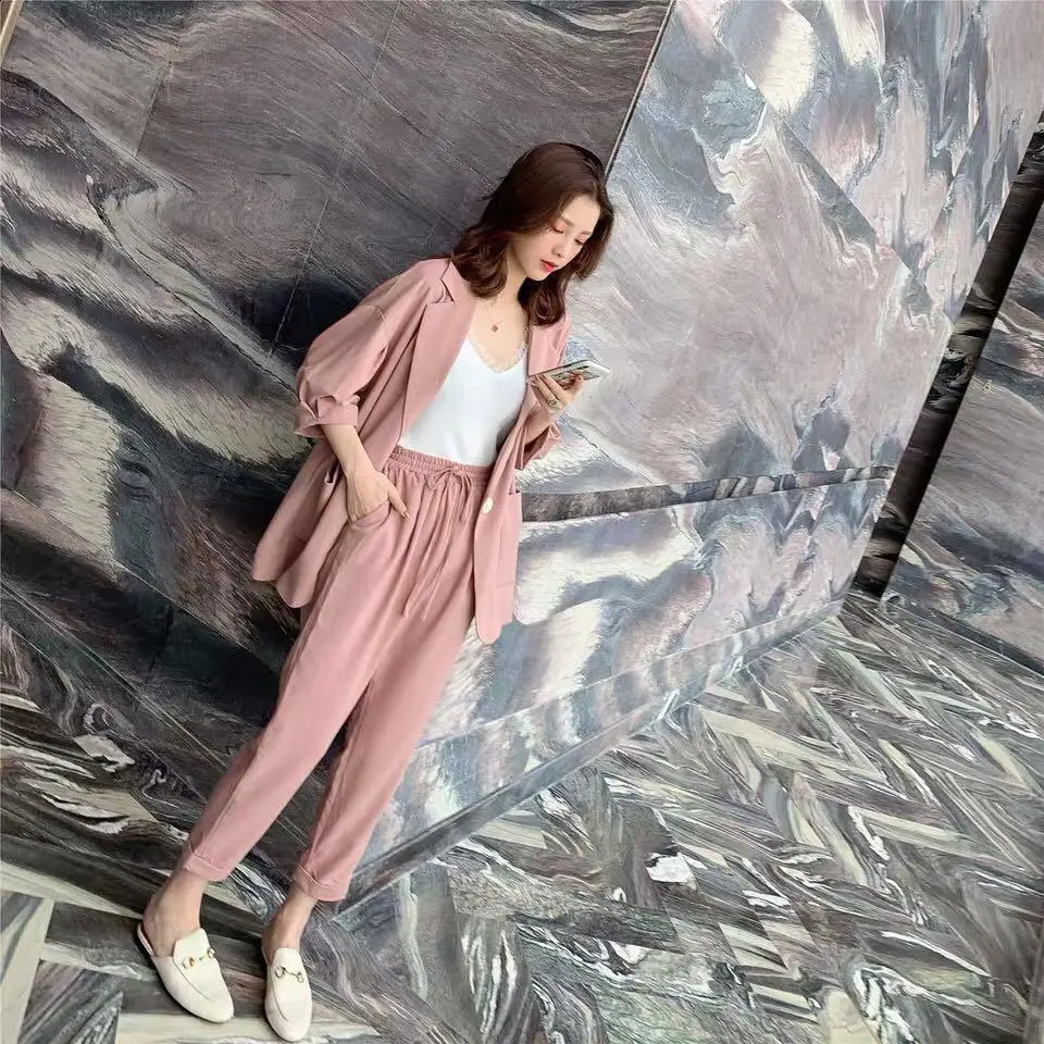 Korean style pink elegant womens pants set fashionable loose jacket Trouser twopiece office 240812