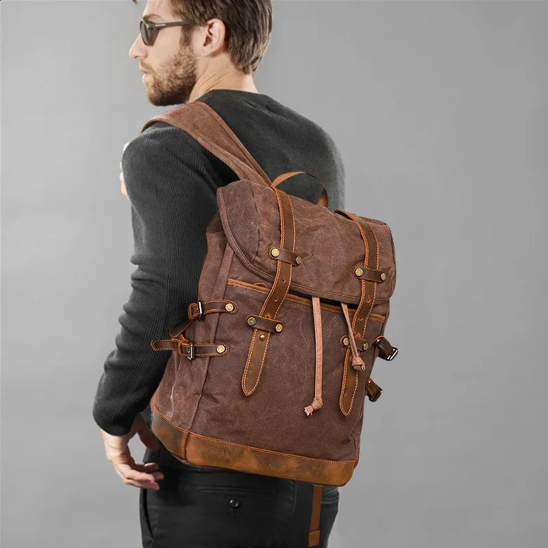 wax canvas bag with genuine leather travel outdoor backpack horsehide mens 240813