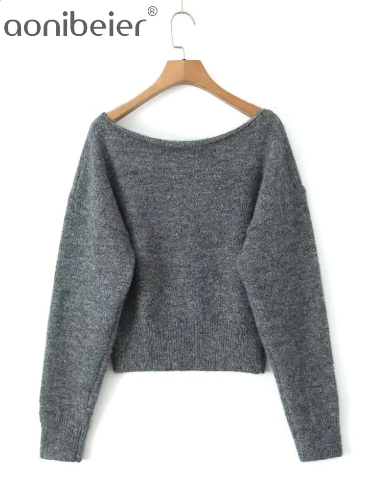 Aonibeier Grey Knitted Womens Set Traf Autumn Vneck Loose Sweater Pulley Top Elastic Waist Long Skirt 240809