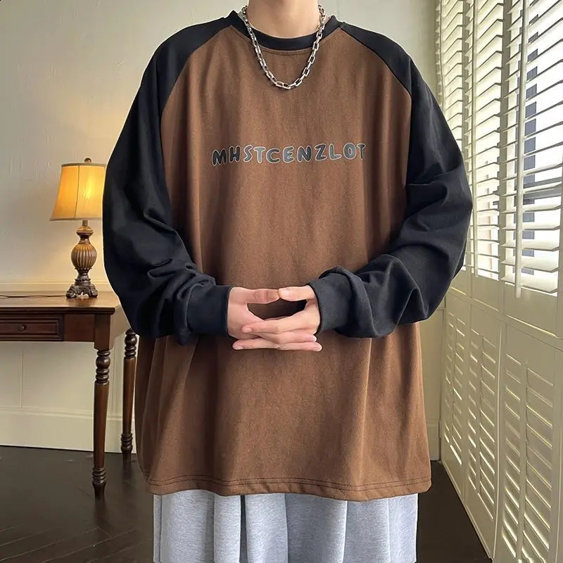 High Street Fashion Color Block Letter T-shirt Women Classic Long Sleeve O-collar Loose Handsome All-match Male Casual Top 240812