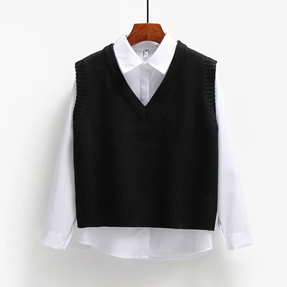 Women Korean Harajuku Sleeveless Knitted Sweater Casual Vest Elegant V Neck Waistcoat Loose Pullover Female Autumn Jumper 240813