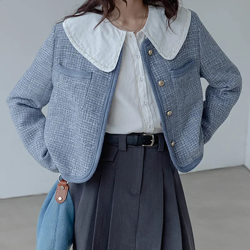 HELIAR Women Elegant Tweed Blue Jacket Long Sleeve Single Breasted Cardigan Coat Female Loose Chic Outerwear Autumn Winter 240812