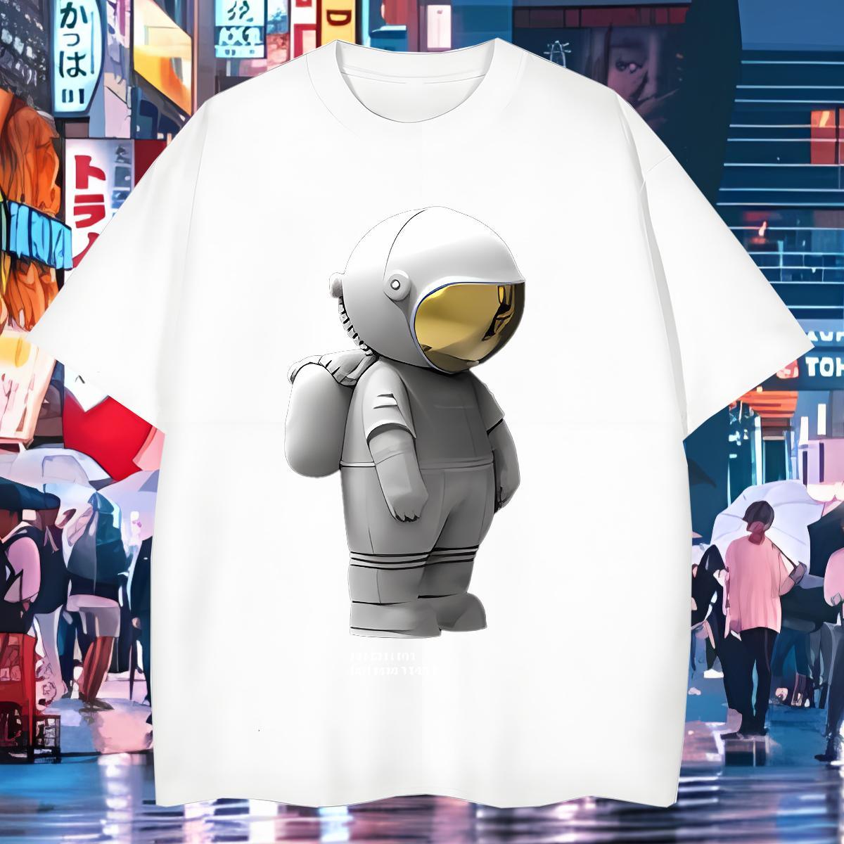 T Shirt For Man 230g 100% Cotton spaceman Street wear Hip Hop Short Sleeve O-Neck White Plus Size Men Clothes T-Shirt Brand Classic Wear