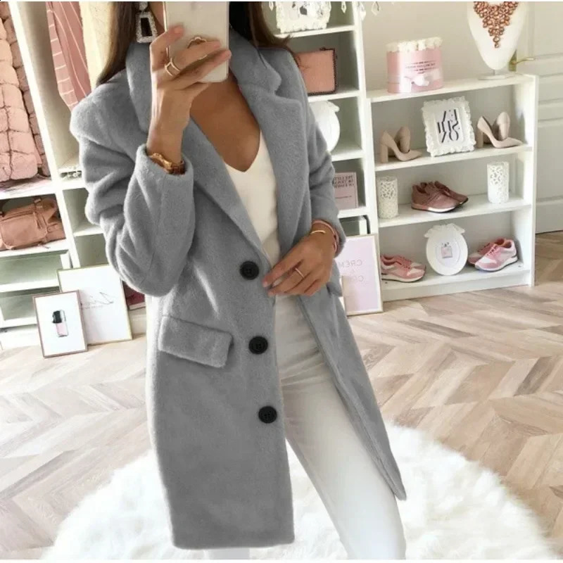 Autumn Womens s-5xl size Solid Color Coat Suit Collar Medium Length Fashion Double Breasted Woolen Coat Elegant Coat 240813