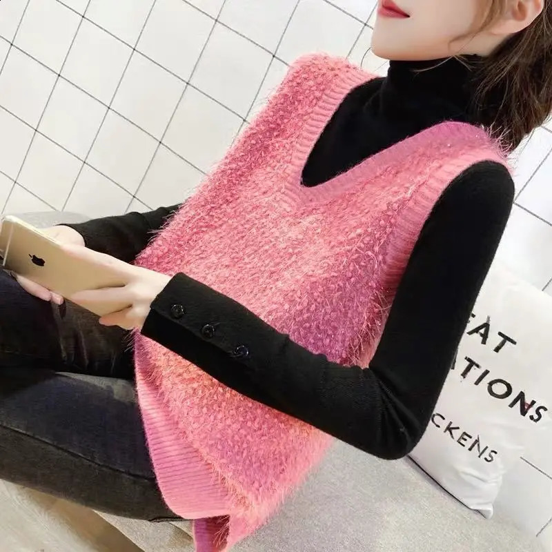 Womens Fashion Tassel Solid Color Knitted Vest Autumn Loose All-match V-Neck Sleeveless Pullovers Sweaters for Female 240813