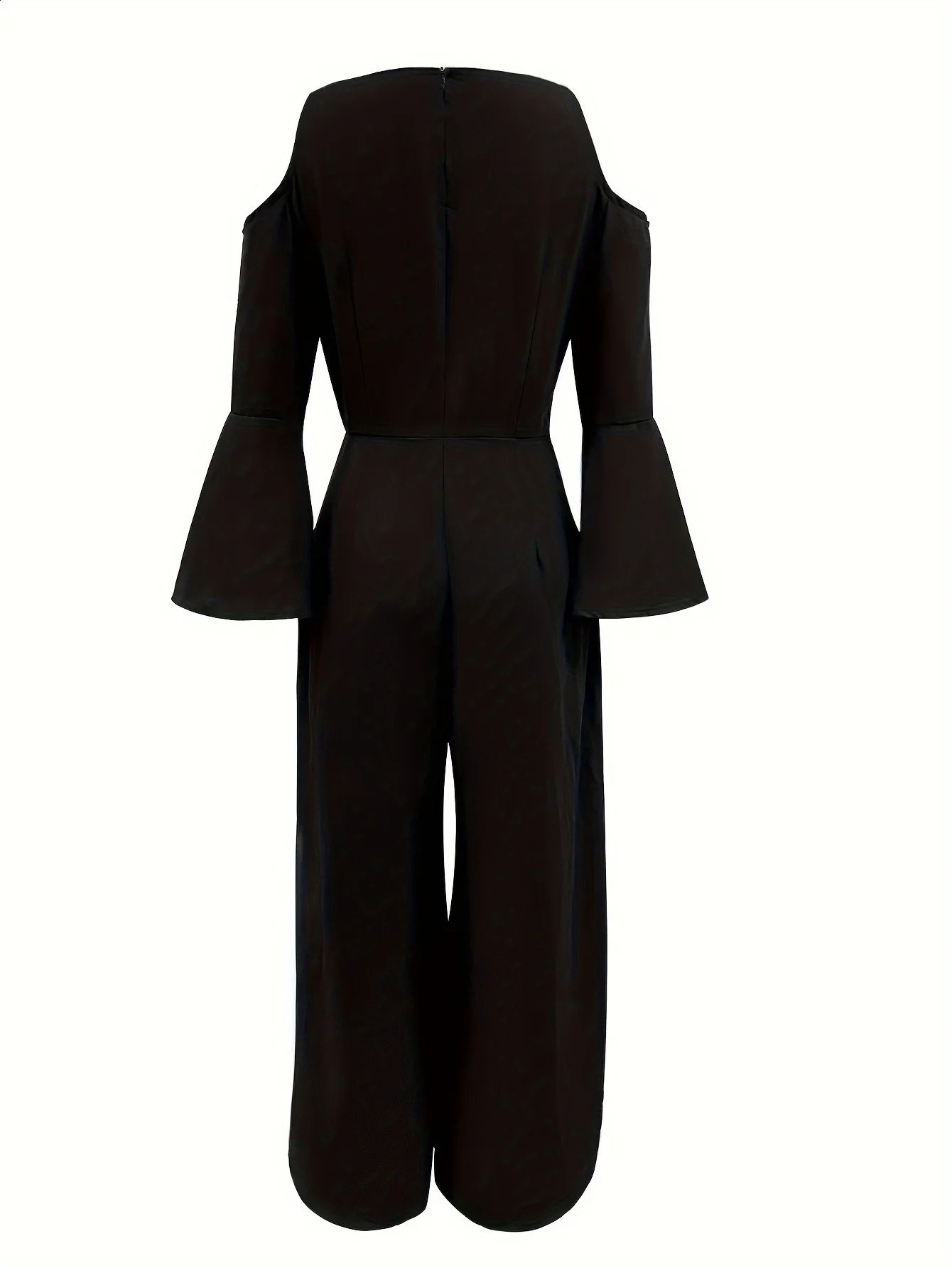 Womens Sequin Solid V Neck Business Elegant Wide Leg Loose Sleeve Bell Sleeve Jumpsuit 240813