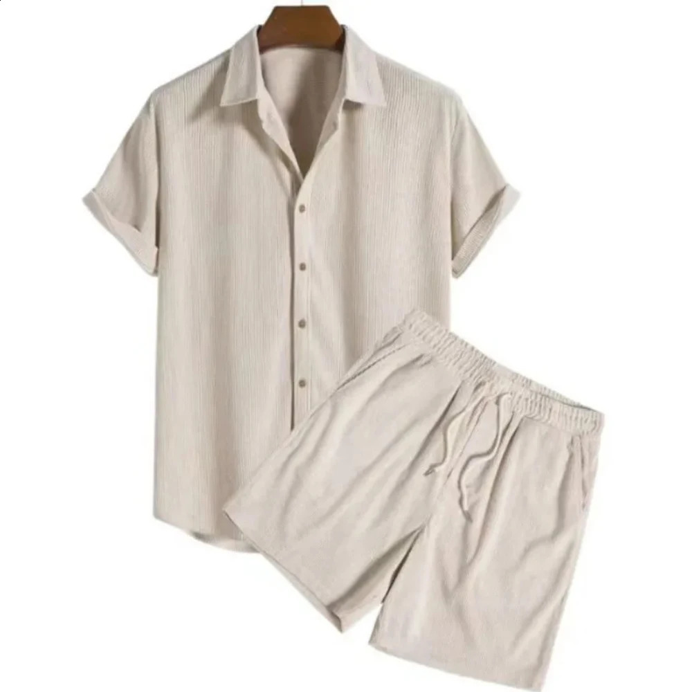 Mens casual loose multicolor beach set Corduroy short sleeved mens twopiece 240812