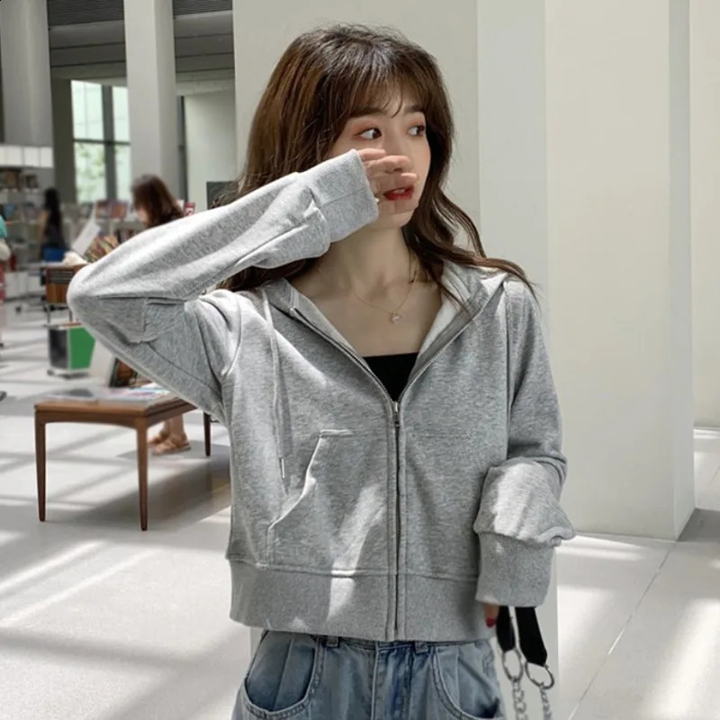 Fall/Spring Womens Loose Hooded Zipper Sweatshirt Long Sleeve Thin Cardigan Solid Casual Versatile Jacket 240812