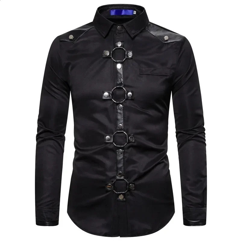 High quality mens Gothic style rivet solid color product shirt ultrathin fit clothing party stage 240812