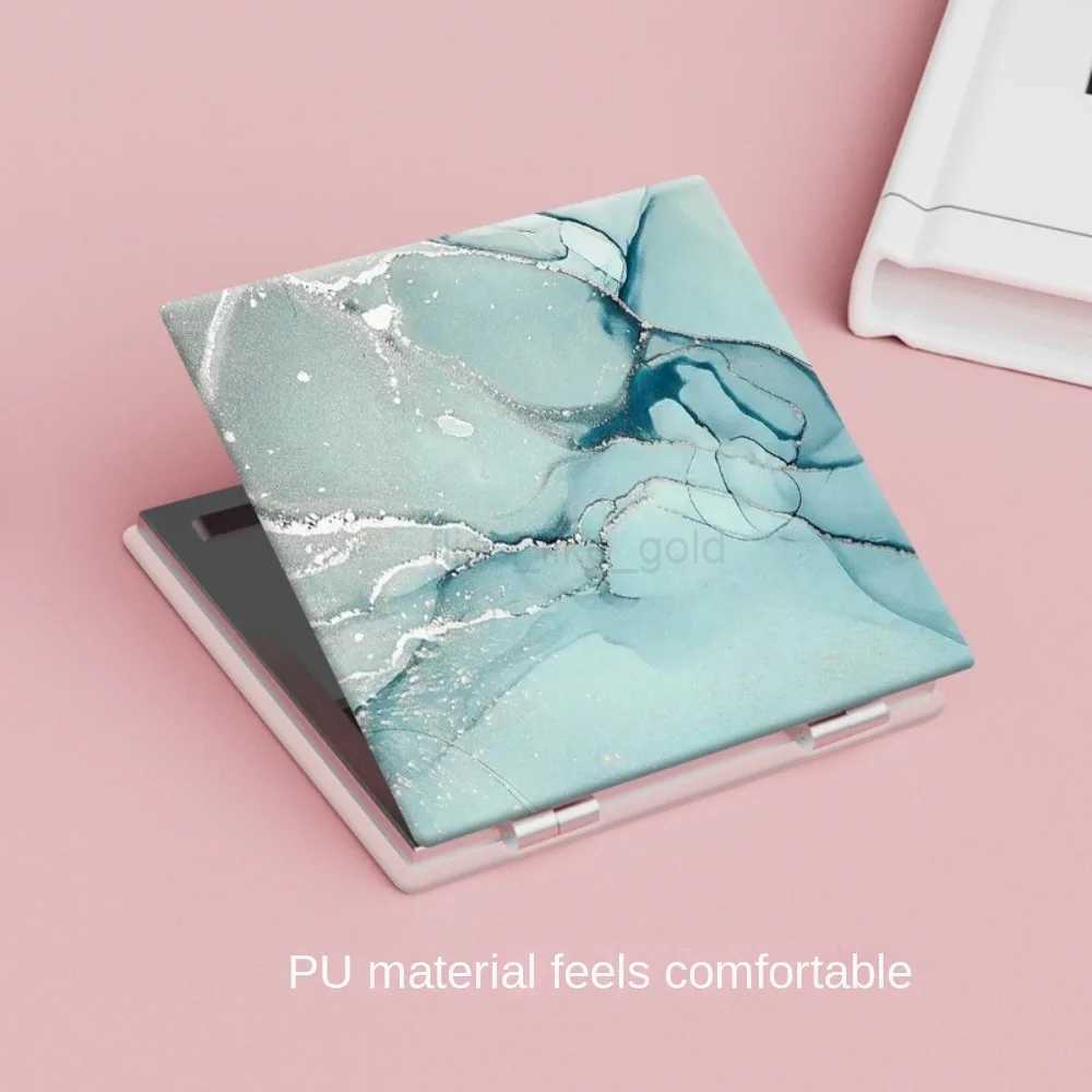 PU surface makeup mirror aluminum mirror marble texture printing handheld small mirror folding square double-sided mirror W240813