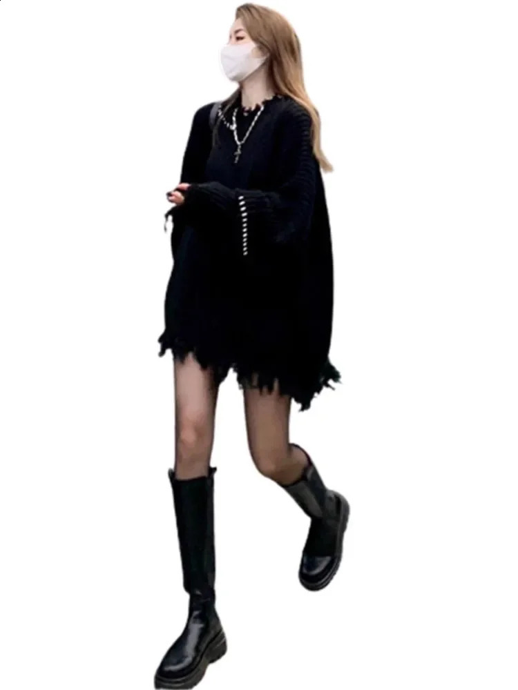 Womens Black Gothic Pullover Knitted Torn Sweater Harajuku 90s Aesthetic Y2k Long Sleeves Sweaters Jumper Vintage 2000s Clothes 240812