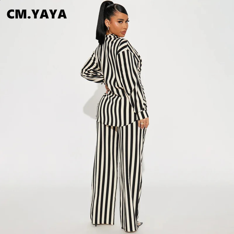 CM.YAYA Striped Womens Set Long Sleeve Pocket Shirt and Straight Wide Leg Pants Fashion Two 2 Piece Sets Outfit Tracksuit 240813