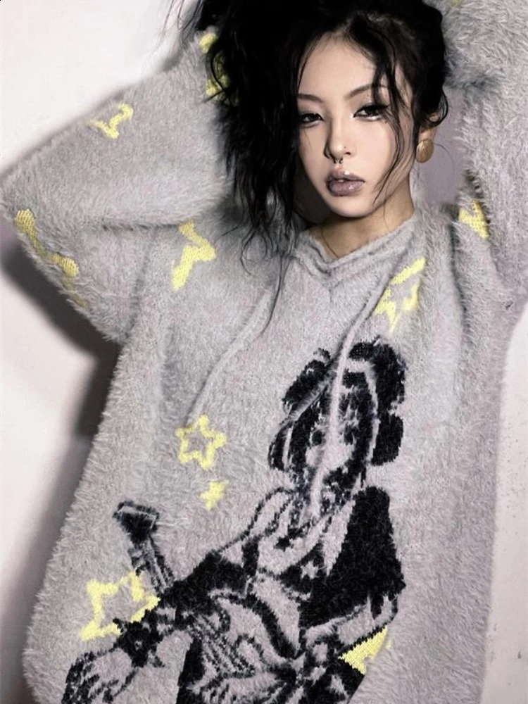HOUZHOU Harajuku Gothic Y2k Sweater Women Sexy Bandage Oversized Pullovers Knitted Streetwear E Girl V-neck Autumn Winter Tops 240812