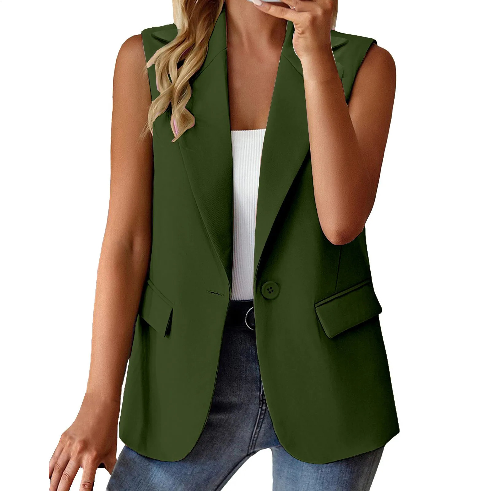 Women Blazer Vest Solid Color Loose Cardigan Sleeveless Jacket Single Button Wasitcoat Female Formal Suit Coat Commute Clothing 240813