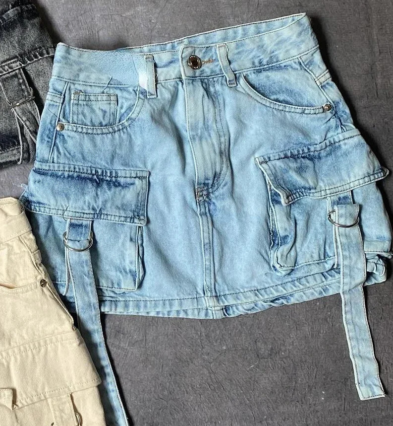 Harajuku Multi Pocket 2024 Y2k Skirt Solid Color Mini A Line Women Denim Skirts Fashion Casual Versatile Streetwear 240812