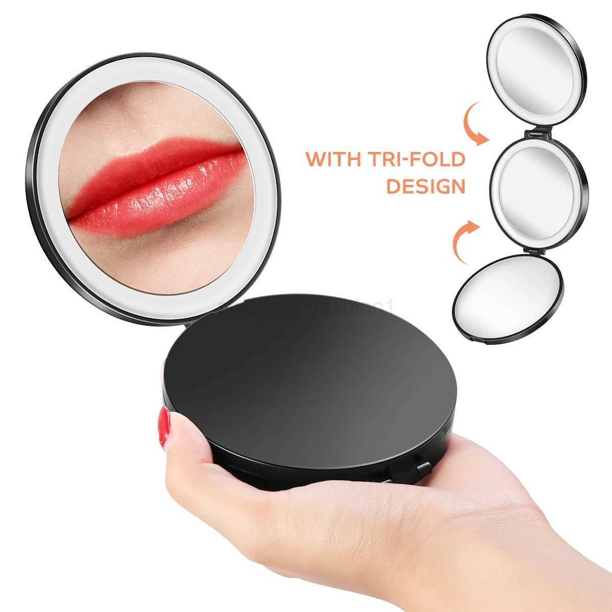 LED Mirror Travel Make up Mini Mirrors Black Magnifying Round Tri-foldXJ240813