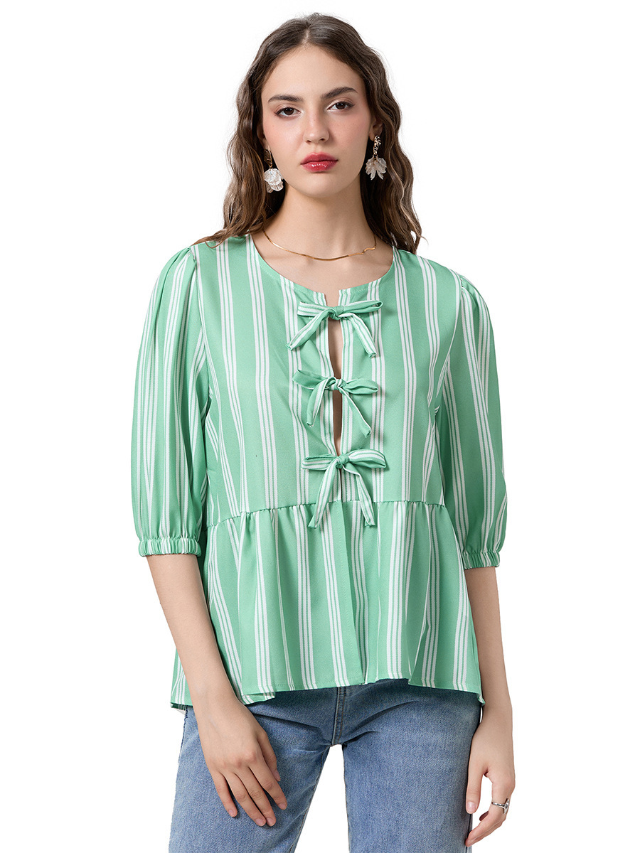 Women s Cute Tie Front Blouse 3 4 Sleeve Striped Peplum Tops