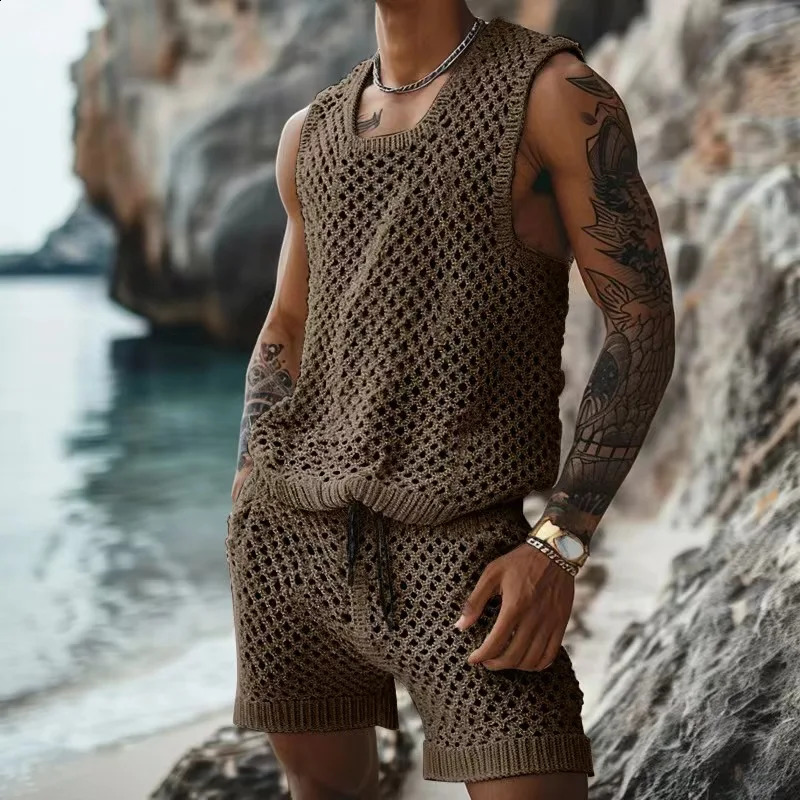 Mens summer casual knitted clothing solid hollow sleeveless vest and twopiece set mens 240812