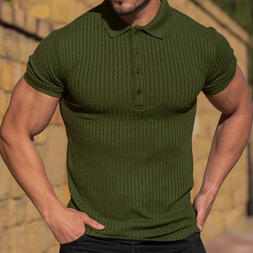 Mens polo vertical stretch breathable fitness short sleeve T-shirt lapel sports leisure high quality fashion mens wear 240813