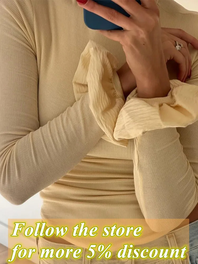 High neck knitted floral womens elegant sweater long sleeved pleated cuffs short minimalist slim fit top 240812