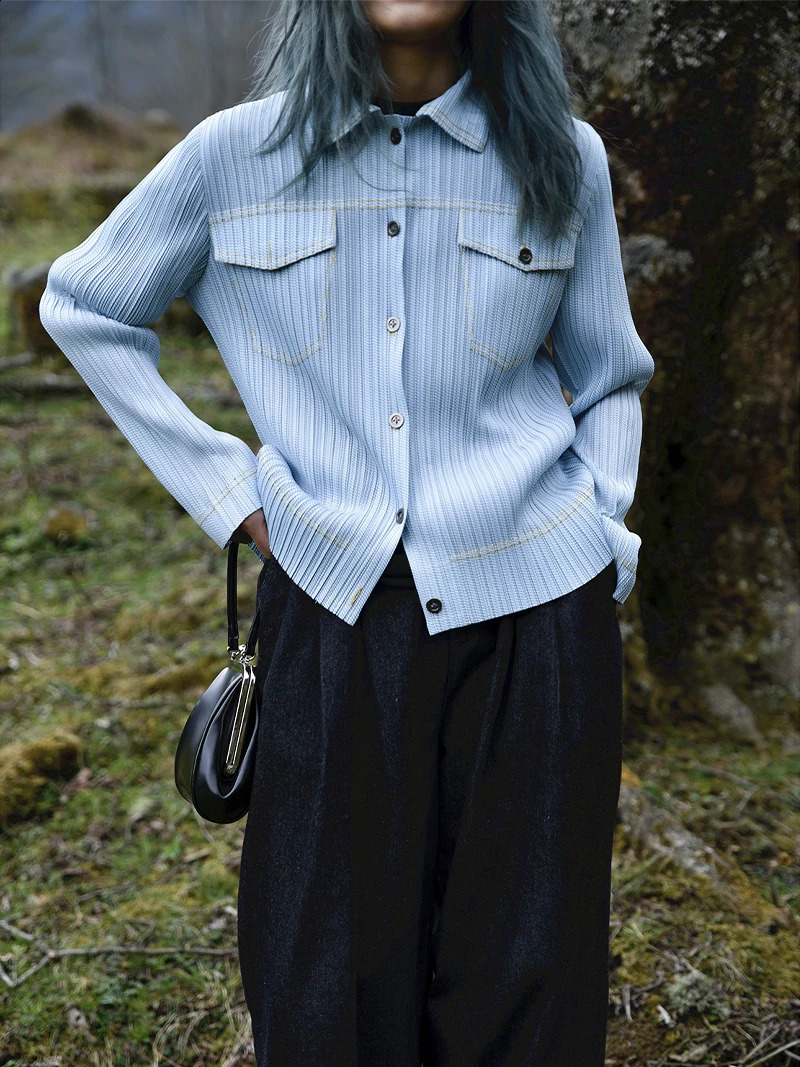Miyake Pleated Denim Printed Shirt Long Sleeve Women Cardigan Single Breasted Casual Jacket Pocket Coat Top 240812