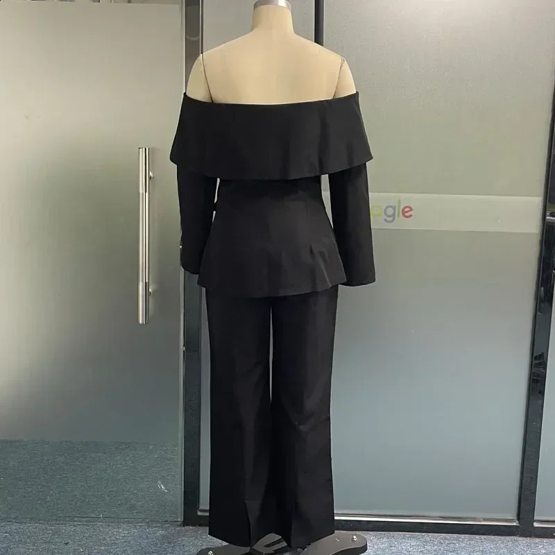 Womens solid neck shoulder jacket high waisted casual pants set office ladies twopiece womens coat 240812