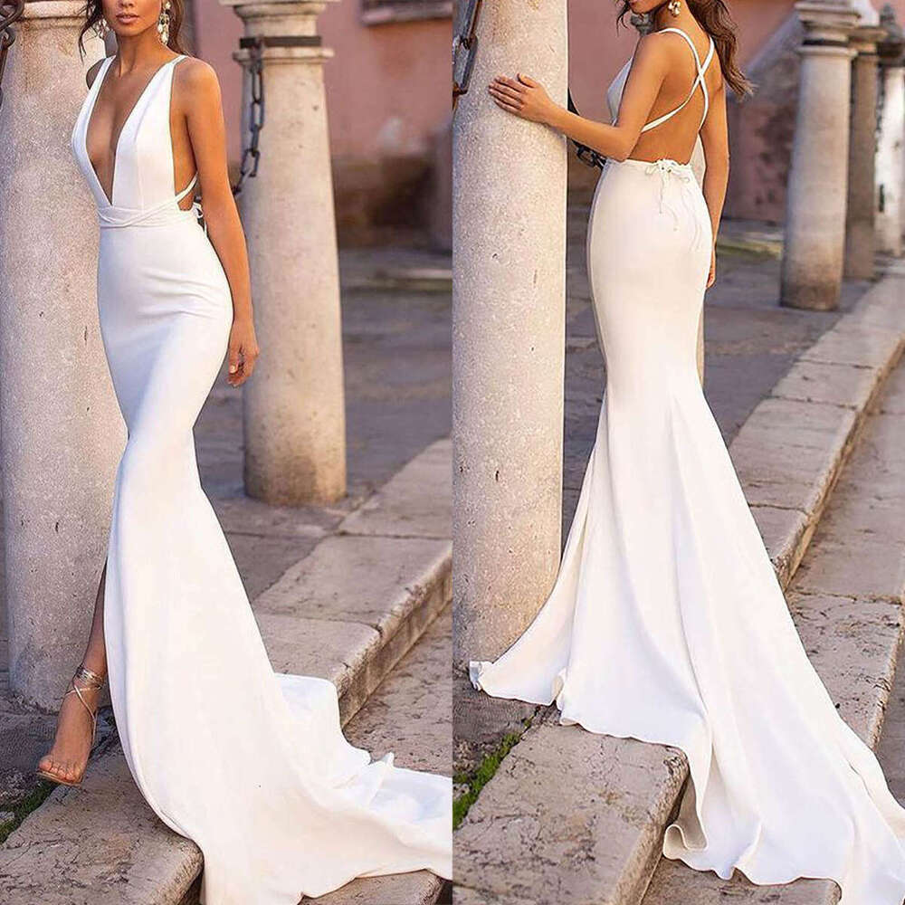 Mermaid Simple Gown Wedding Dresses Sashes Satin Backless V Neck Bridal Gowns Plus Vestidos De Novia Custom Size Colour S Estidos