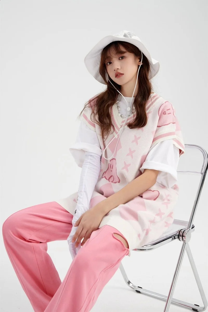 Korean Sweet Jacquard Sweater Vest Loose All-match Casual Y2k Top Knitted Vests Autumn Harajuku Gothic Waistcoat Women 240812