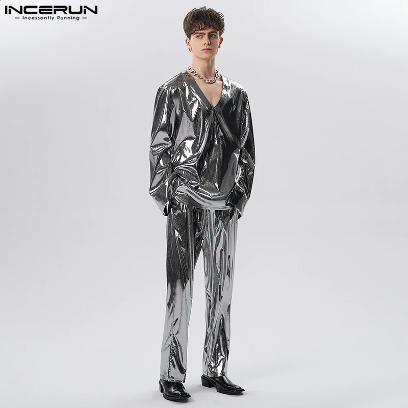 Men Sets Shiny Streetwear V Neck Long Sleeve T Shirt Pants Two Pieces Sets Loose Party Fashion Mens Suits S-5XL INCERUN 240813