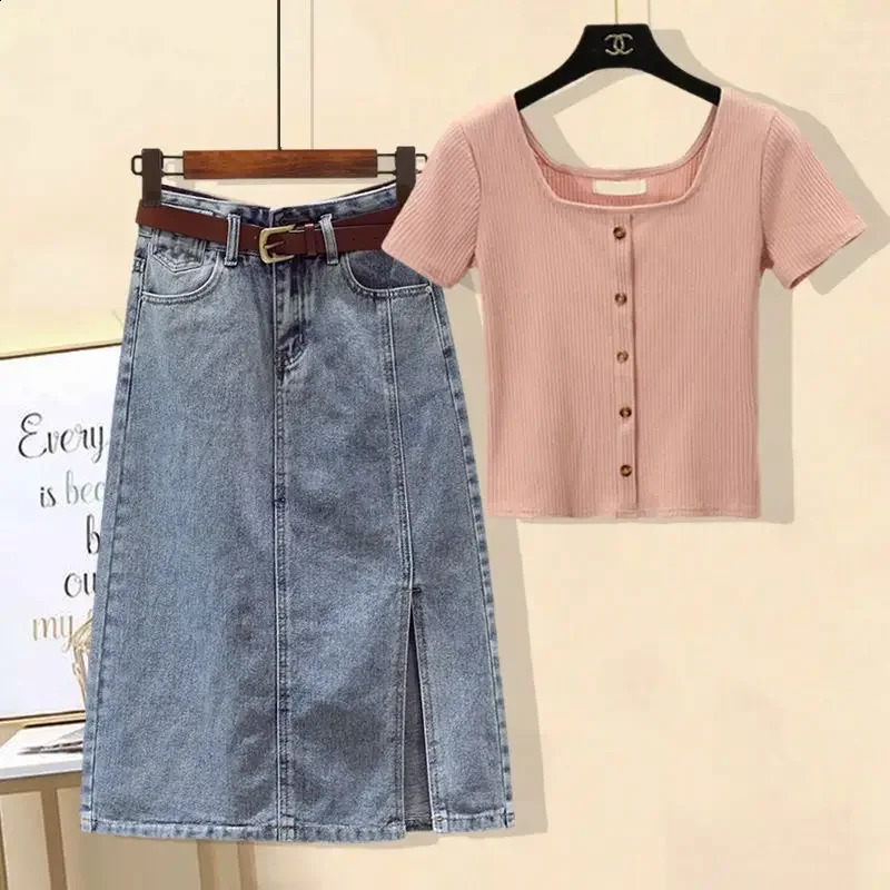 Summer Style Womens Denim Skirt Set Slimming Short Sleeves Top Belly Covering 2-piece Clothing For Women 240812