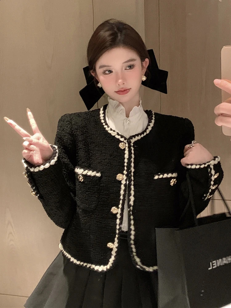 Zoki Japan Sweet Women Tweed Jacket Elegant Buttons Cropped Coat Casual O Neck All Match Female Long Sleeve Vintage Outwear 240812