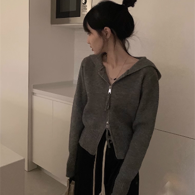 Womens Grey Y2k Cardigan Knitted Sweater Harajuku 90s Aesthetic Long Sleeves Sweaters Jumper Fashion Vintage 2000s Clothes 240812